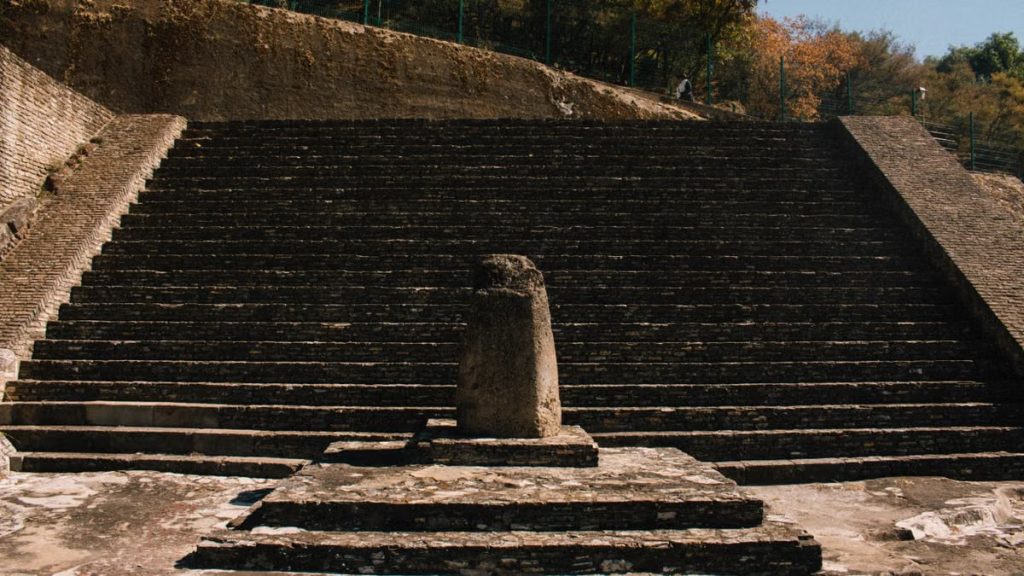 Ancient stone steps leading up the Great Pyramid of Cholula in Mexico.