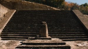 Ancient stone steps leading up the Great Pyramid of Cholula in Mexico.